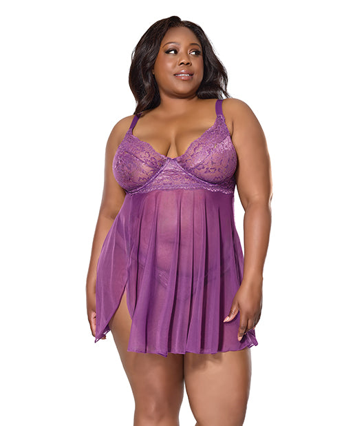 Coquette Metallic Stretch Lace & Mesh Babydoll w/Thong - Purple 1X/2X
