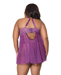 Coquette Metallic Stretch Lace & Mesh Babydoll w/Thong - Purple 1X/2X - Image 3