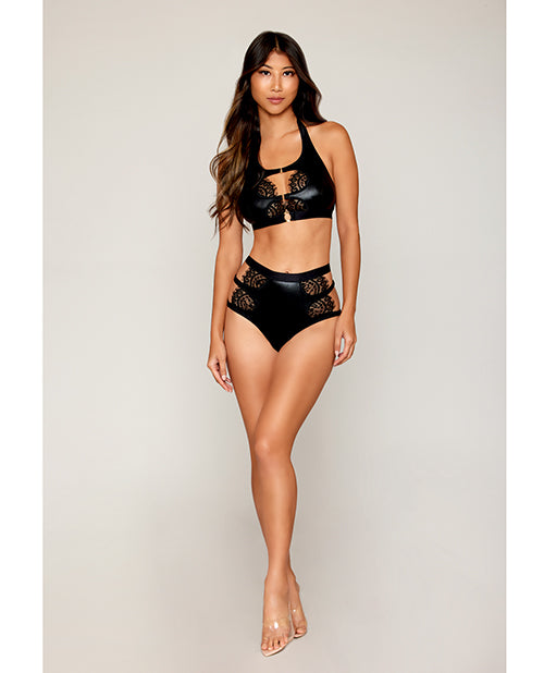 Dreamgirl Stretch Faux Leather and Eyelash Lace Bralette w/High-Waisted Panty - Black MD