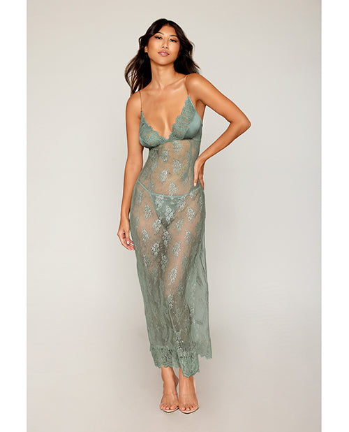 Dreamgirl Eyelash Lace & Satin Long Chemise w/G-String - Sage Green XL