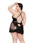 Dreamgirl Embroidered Stretch Faux Leather and Mesh Chemise - Black 1X
