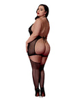 Red Diamond Stretch Mesh and Faux Leather Gartered Chemise w/Removable Flogger - Black QN - Image 2