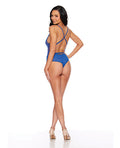 Escante Mesh Foil Embroidered Deep V Teddy w/Open Crotch - Blue Sapphire MD - Image 2
