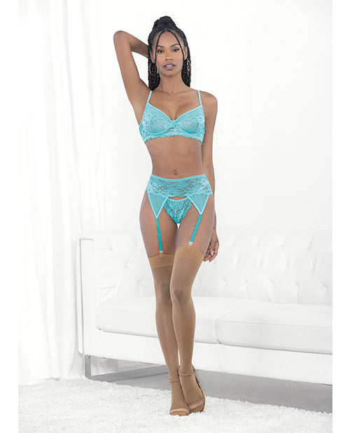 Escante Lace & Mesh Underwire Bra, Garterbelt & G-String Malibu Blue XL