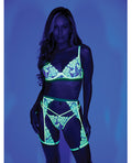 Escante Embroidered Floral Lace Bra w/Thong & Chaps Blacklight Reactive 3 pc Set - Yellow MD