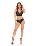 Escante Touch of Pearl Feather Lace Bralette with Pearl Detail & Brazilian Panty 2 pc Set - Black M/L