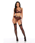Escante Forever Roses Embroidered Bralette w/Garter & G-String 3 pc Set - Black/Red LG