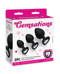 Gemsations Gemsations 3 pc 2.75" & 3.15" & 3.7" Silicone Bling Bling Heart Butt Plug Training Set - Black
