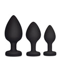Gemsations Gemsations 3 pc 2.75" & 3.15" & 3.7" Silicone Bling Bling Heart Butt Plug Training Set - Black - Image 3