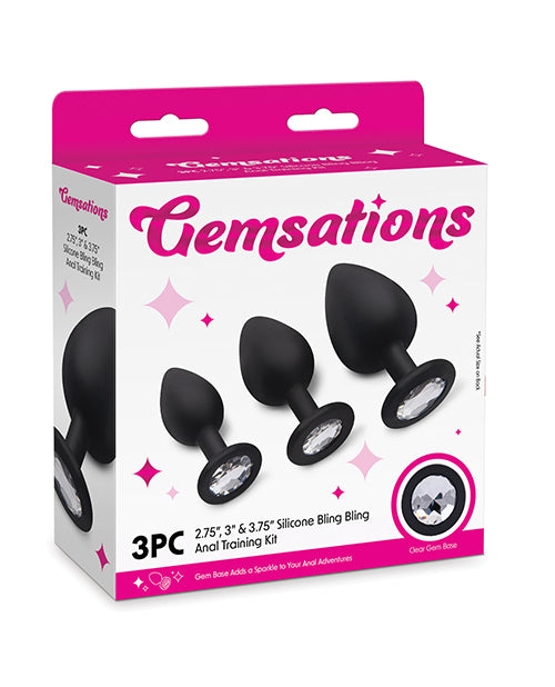 Gemsations Gemsations 3 pc 2.75" & 3.15" & 3.7" Silicone Bling Bling Butt Plug Training Set - Black