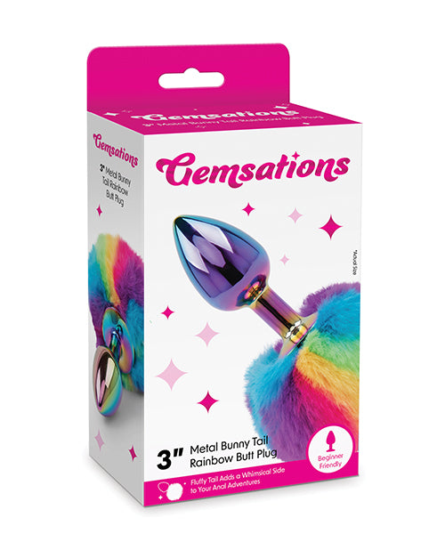 Gemsations Gemsations 2.95" Metal Bunny Tail Rainbow Butt Plug - Rainbow