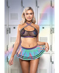 Play by Fantasy Lingerie Ready Let's Glow Flash Reflective Mesh Top w/Skirt, G-String & Pom-Pom Pasties 4 pc Set - Multi Colo