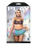 Play by Fantasy Lingerie Ready Let's Glow Flash Reflective Mesh Top w/Skirt, G-String & Pom-Pom Pasties 4 pc Set - Multi Colo