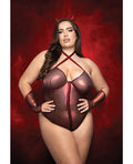 Play by Fantasy Lingerie Raising Hell Front Zip Halter Teddy w/Fingerless Gloves & Headband 3 pc Set - Red 3X/4X