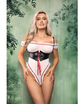 Play by Fantasy Lingerie Dangerous Darling Sheer Mesh Ruffle Teddy w/Waist Cincher & Hooded Cape 3 pc Set - Black/White L/XL