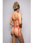 Radiance by Fantasy Ruby Shimmer Lace and Mesh Bra, Garter Belt, & G-String 3 pc Set - Red L/XL - Image 4