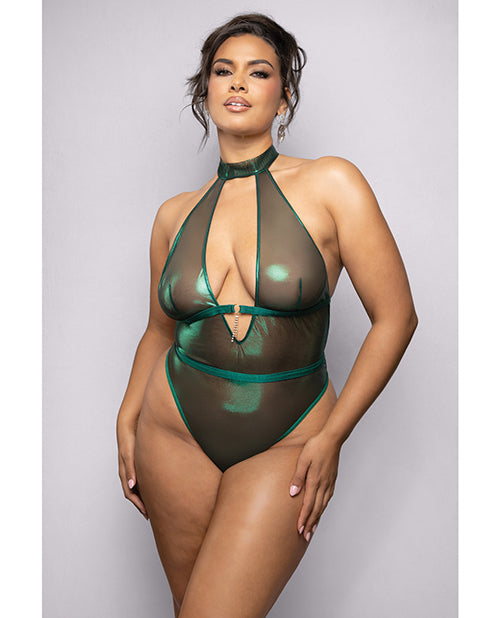 Radiance by Fantasy Emerald Shimmer Mesh Halter Teddy w/Open Back - Green 3X/4X