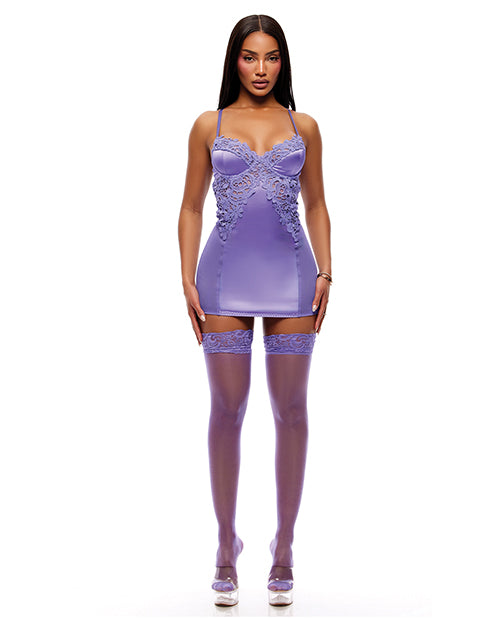 Not Regular Toys See It Through Guipure Lace Chemise w/Thong & Stockings - Purple MD