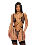 Forplay Pull My Strings Sheer Mesh Teddy w/Garters & Faux Pearl Details - Black SM