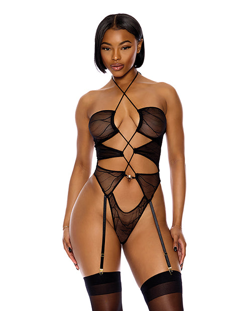 Forplay Pull My Strings Sheer Mesh Halterneck Teddy - Black MD