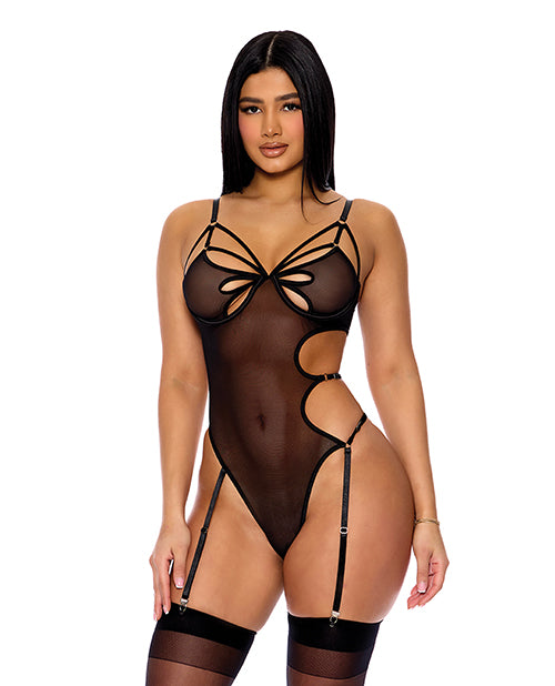 Forplay Feeling Butterflies Mesh Teddy w/Garters - Black XL