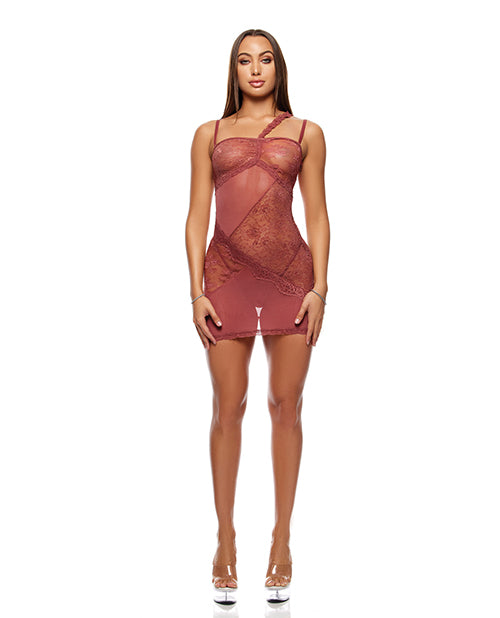 Forplay Patch of Petals Sheer Mesh and Lace Chemise w/Thong 2 pc Set - Mauve MD
