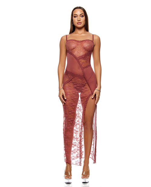 Forplay Patch of Petals Sheer Mesh and Lace Gown w/Thong 2 pc Set - Mauve SM