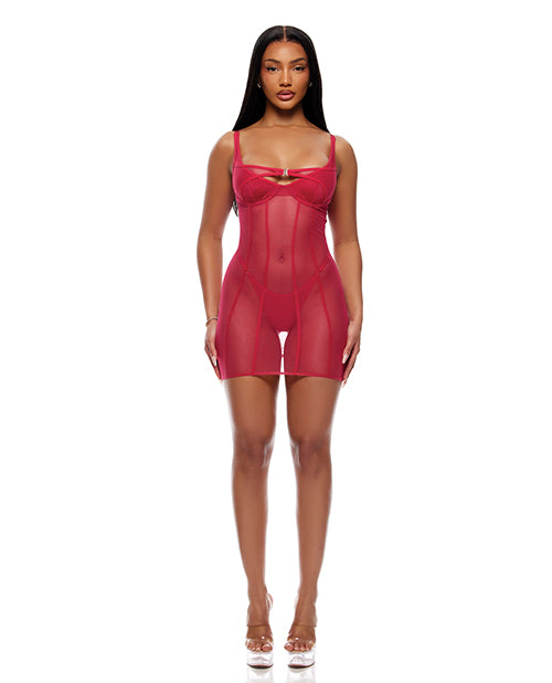 Forplay Layers To This Sheer Mesh and Knit Chemise w/Thong 2 pc Set - Pink SM