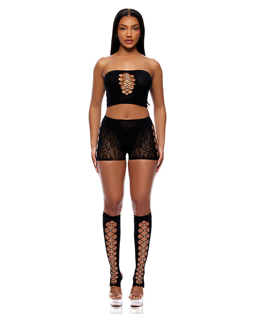 Forplay Cross Your Mind Tube Top w/Boy Short & Open Toe Socks Bodystocking - Black O/S