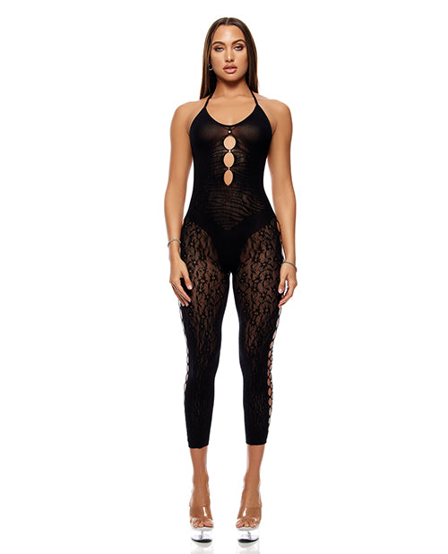 Forplay Cross Your Mind Capri Floral Knit Bodystocking w/Rhinestone Details - Black O/S