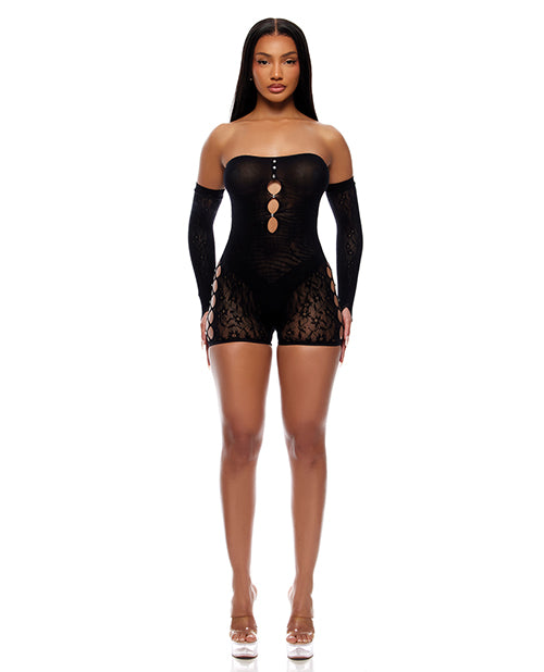 Forplay Cross Your Mind Romper Bodystocking w/Rhinestone Details & Gloves 2 pc Set - Black QN