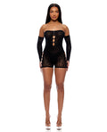 Forplay Cross Your Mind Romper Bodystocking w/Rhinestone Details & Gloves 2 pc Set - Black O/S