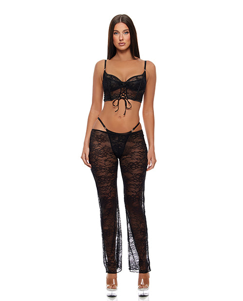 Forplay Layer of Seduction Lace Bra, Thong, & Pants 3 pc Set - Black SM
