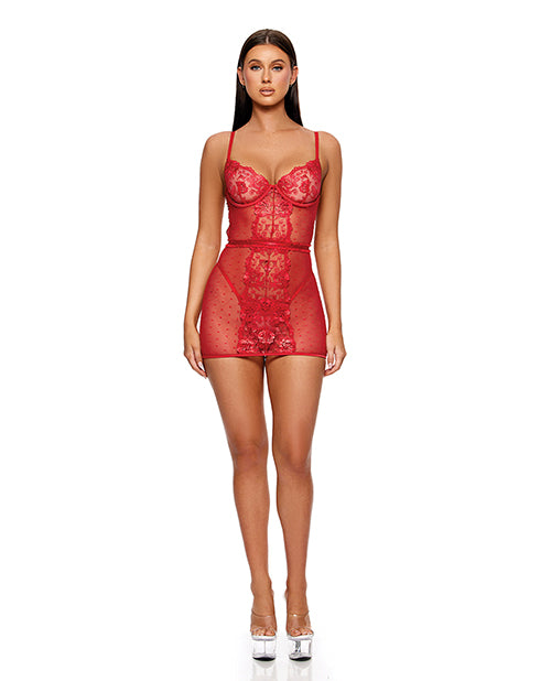 Forplay La Vie En Rose Metallic Embroidered Chemise, Panty & Belt 3 pc Set - Red SM