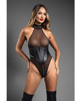 Domina by Fantasy Domina Sheer Mesh Halter Teddy w/Wet Look Cinch Waist & Zipper Crotch - Black L/XL