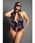 Domina by Fantasy Domina Open Halter Teddy in Mesh & Leatherette w/Matching Blindfold - Purple QN - Image 2
