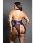Domina by Fantasy Domina Open Halter Teddy in Mesh & Leatherette w/Matching Blindfold - Purple QN - Image 3