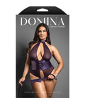 Domina by Fantasy Domina Open Halter Teddy in Mesh & Leatherette w/Matching Blindfold - Purple QN - Image 4