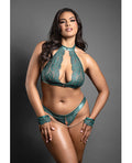 Domina by Fantasy Domina Lace Bralette & Open Panty w/Detachable Chain-Link Handcuffs - Green QN