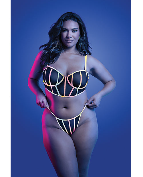 Glow by Fantasy Lingerie Solar Flare Flash Reflective Binding Underwire Bra & Thong - Black QN
