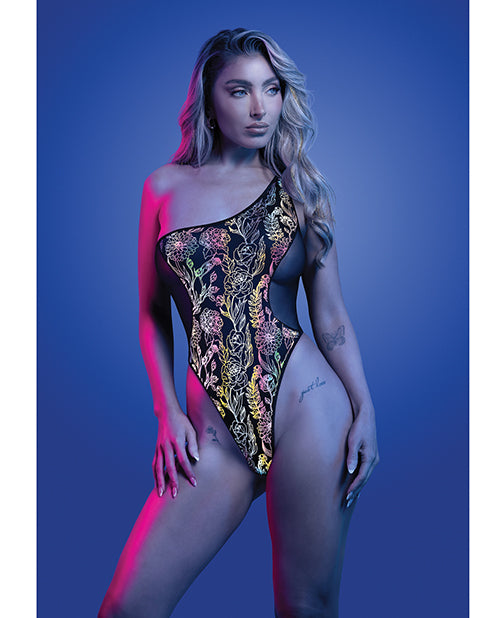 Glow by Fantasy Lingerie Luminescent Flash Reflective Floral Print Teddy - Black M/L