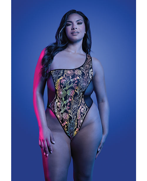 Glow by Fantasy Lingerie Luminescent Flash Reflective Floral Print Teddy - Black QN