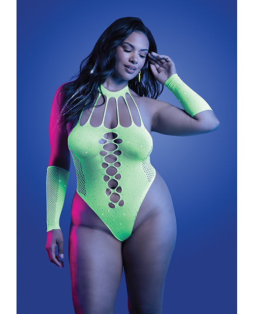 Glow by Fantasy Lingerie Pressure Point UV Reactive Rhinestone Studded Teddy & Gloves/Leg Warmers 2 pc Set - Neon Green QN