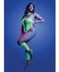 Glow by Fantasy Lingerie Pressure Point UV Reactive Rhinestone Studded Teddy & Gloves/Leg Warmers 2 pc Set - Neon Green QN -