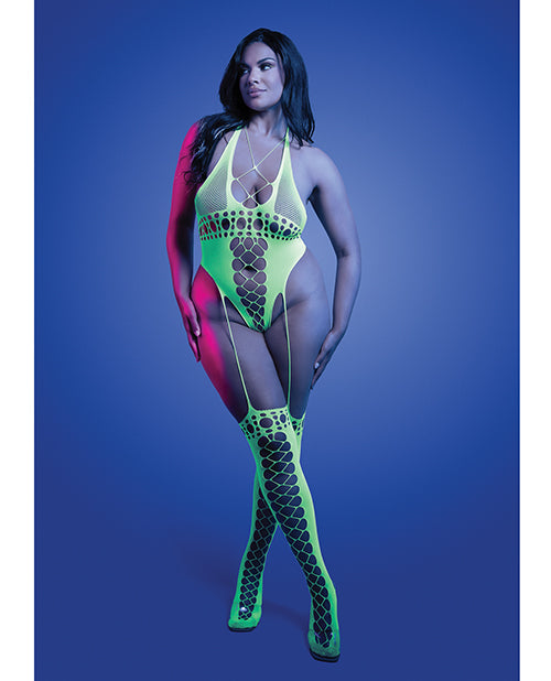 Glow by Fantasy Lingerie Paradigm UV Reactive Halter Teddy Bodystocking - Neon Green QN