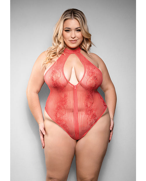 Temptress by Fantasy Temptress Calliope Striped Sheer Floral Lace Zippered Teddy - Coral 1X/2X