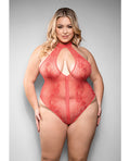 Temptress by Fantasy Temptress Calliope Striped Sheer Floral Lace Zippered Teddy - Coral 3X/4X