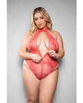 Temptress by Fantasy Temptress Calliope Striped Sheer Floral Lace Zippered Teddy - Coral 3X/4X - Image 2