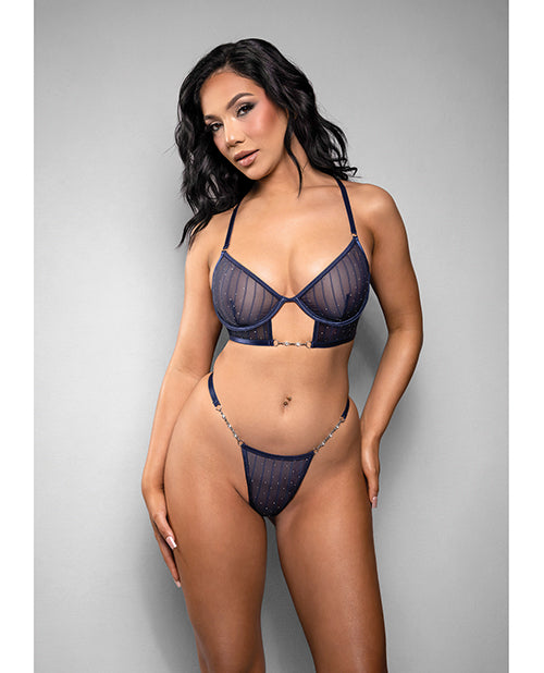 Temptress by Fantasy Temptress Celeste Sheer Striped Rhinestone Mesh Bra w/G-String 2 pc Set - Navy M/L