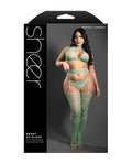 Sheer by Fantasy Sheer Heart Of Glass Lace Knit Halter Top w/G-String & Gartered Stockings 3 pc Set - Mint QN - Image 3